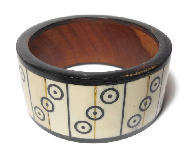 FREE SHIPPING Bone and wood bangle bracelet, Tribal, bone sections form dots and circles, dark wood frames, hand crafted, chunky cuff boho