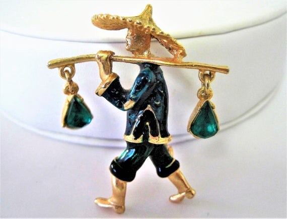 Asian Man Water Carrier Brooch - Green Rhinestones - Green Enamel Setting - Rhinestone Dangles - Mid Century Pin