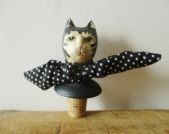 Vintage plaster cat cork, Painted plaster, 1970, Bottle stopper, Wine cork, Bouchon liège en plâtre, Tête de chat