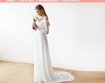 Ivory Off-The-Shoulder Floral Lace Long Sleeve Maxi Dress with a Train 1148