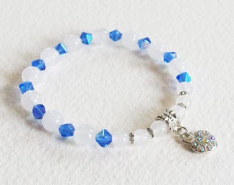 Bracelet Romantique Féerique - Un coeur brillant - Perles Gemme Quartz blanc, Verre, Strass, Métal argenté - Bijou créateur, pièce unique