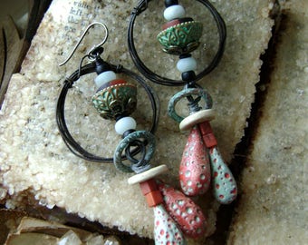 unique handmade rustic mixed media assemblage earrings with polymer headpins, beaded hoop earrings, black turquoise red, Anvil Artifacts