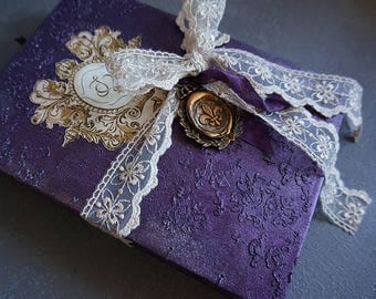 Soft Gothic Wedding Guest Book , Purple, Gold, Vintage Purple Photo album, Shabby Chic Wedding, Custom Wedding Photo Booth album