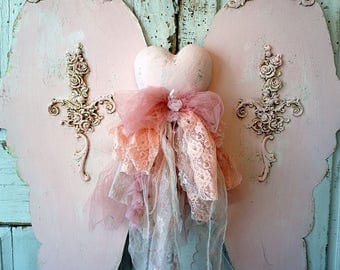 Huge pink angel wings with heart wall hanging hand cut ornate wing set w/ handmade embellished heart mannequin home decor anita spero design