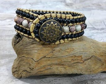 Leather Cuff Bracelet Beaded, Beaded Leather Wrap, Earthy Leather Beaded Cuff Bracelet for Women, Mens Bead Cuff, , Gift, For Men