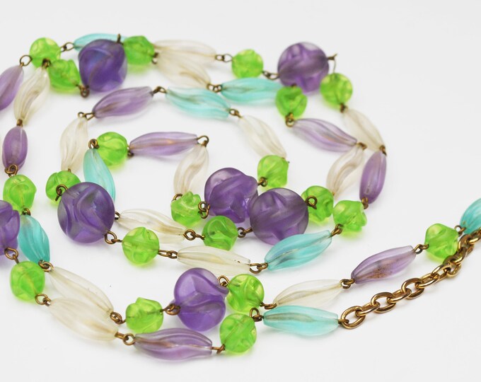 Trifari Lucite Bead Necklace- purple pink blue and frosty white - clear beads necklace - 48 inch long