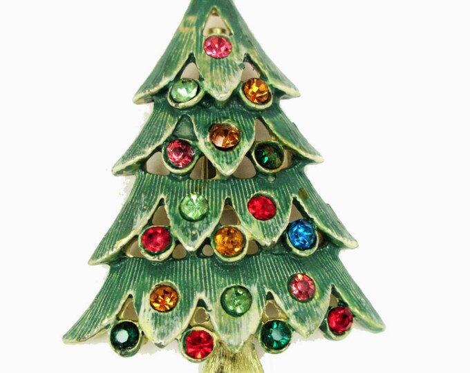 Christmas Tree Brooch- green enamel - red blue yellow rhinestones - Holiday Pin