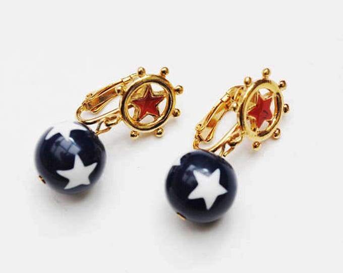 Red white Blue star dangle earrings - Patriotic - enamel gold - Drop - clip on earrings