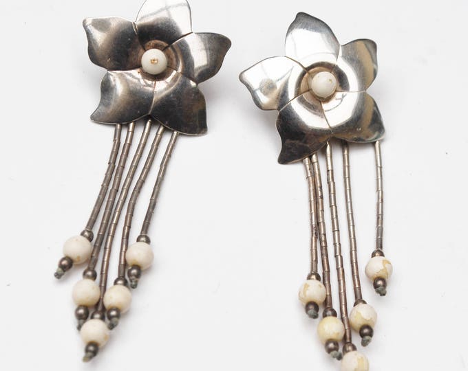 Sterling Star flower Dangle earrings - Signed Jezlaine - White beads - Pierced drop earrings