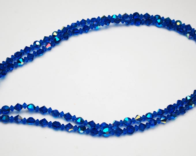 Blue Crystal bead Necklace - double strand - cut crystal glass beads - Cluster bead clasp - 23 inches long