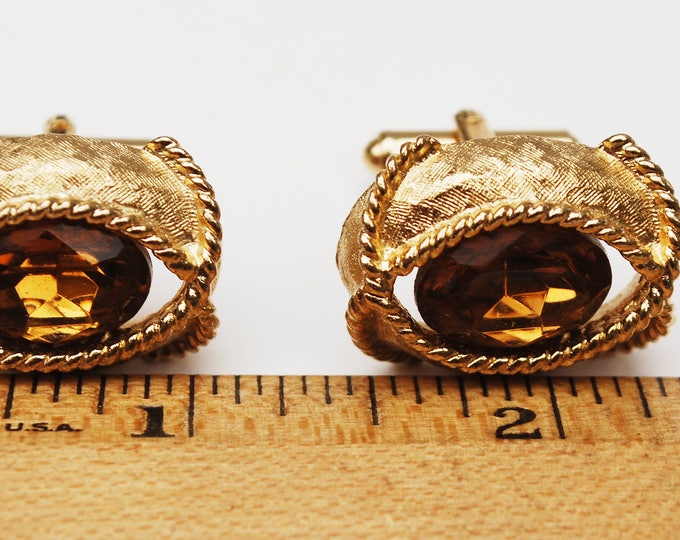 Topaz Glass Gold Cuff links - Facet cut crystal - Amber brown - Cufflinks