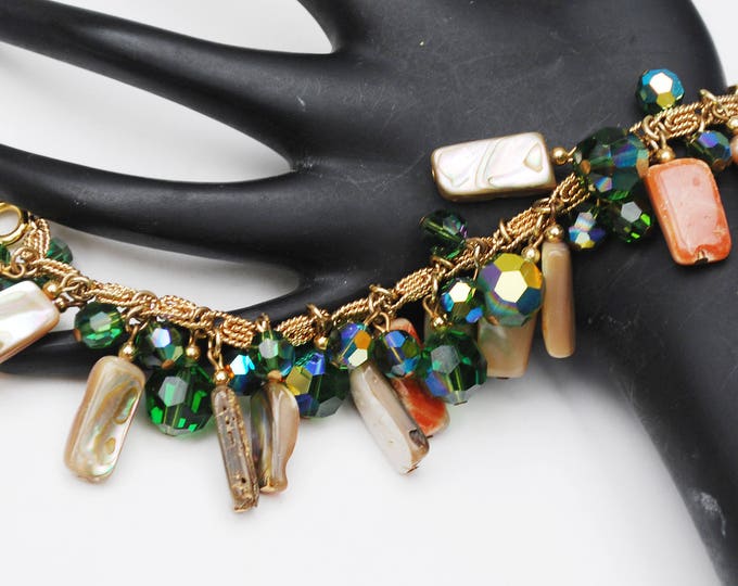 Napier crystal abalone Charm Bracelet - green tourmaline Crystals Charm - Abalone Shell beads Cha cha bracelet - 1980 Book Piece