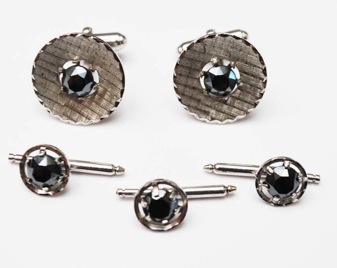 Sterling Hematite Cuff links - three Tuxedo Button Slide - Silver black - wedding groom