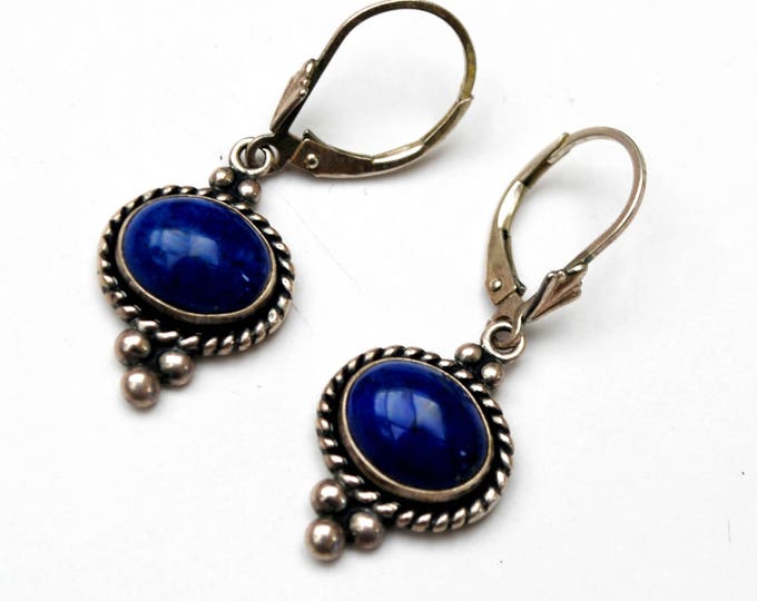 Sterling Lapis earrings - Signed QT - dangle blue gemstone - southwestern pierced earring