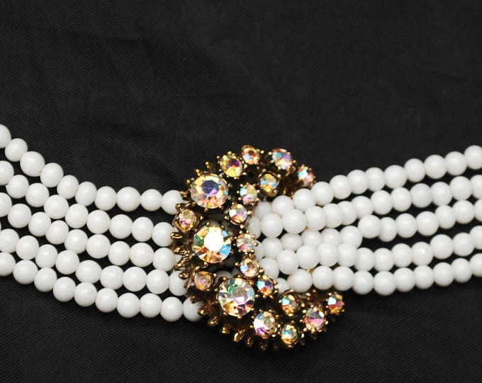 Florenza Bracelet - White milk glass beads - AB rhinestone crescent - beaded bracelet