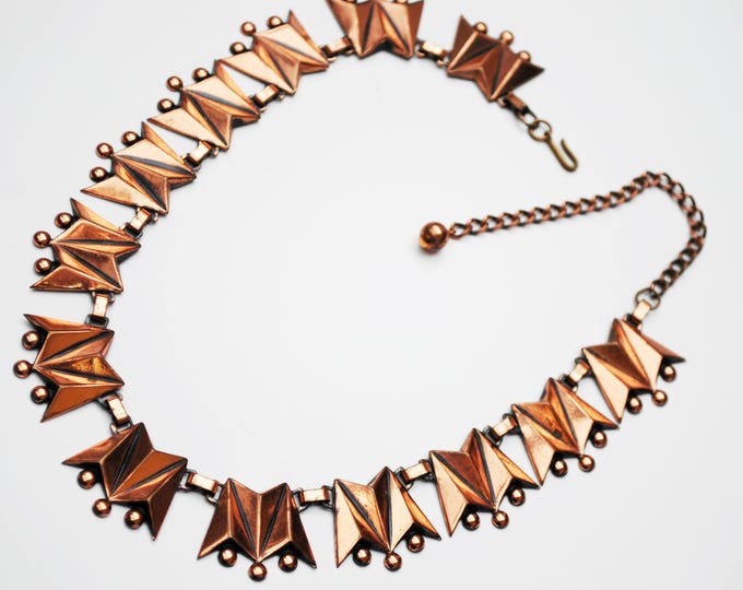 Copper link Necklace - Signed Renoir - modernistic Abstract Triangle - Mid century Mod