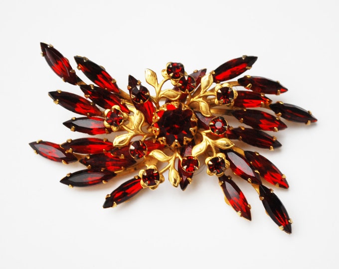 Red Flower Brooch - Red Rhinestones - signed Judy Lee - floral Atomic pin