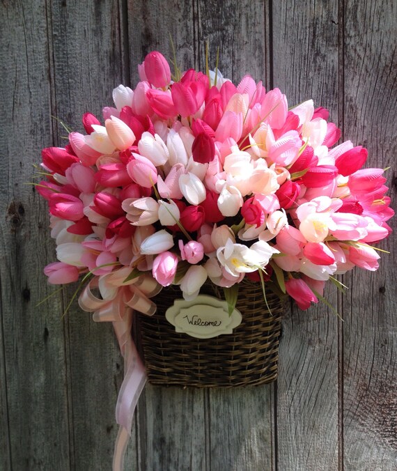 Pink Tulip Basket Spring Door Basket Summer Front Door