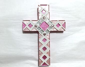 Baptism Gift Girl, Pink Wall Cross, Nursery Wall Cross, Mosaic Cross, Cross for Girl, Dedication Gift, Gift for Goddaughter, Christening