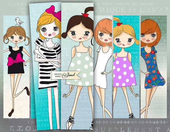 Cute Girl Bookmarks set of 6 bookmarks digital collage
