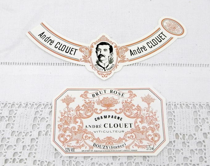 Vintage Unused Pink Champagne Bottle Paper Label Andre Couet Bouzy, French Decor Item, Rosé Wine from France ,Wedding