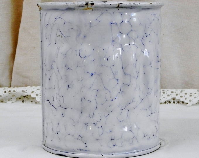 Antique French Chippy White and Blue Marbled Enamel Sugar Canister with Gothic Lettering, French Country Kitchen Enamelware Decor