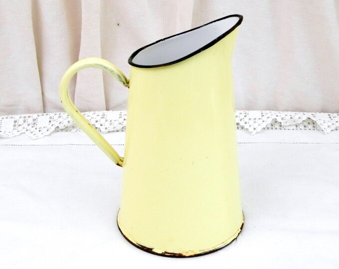 Antique French Buttercup Yellow Enamel Pitcher, Chippy Cottage Kitchen Enamelware Jug, French Country Chateau Shabby Chic, Vintage Decor