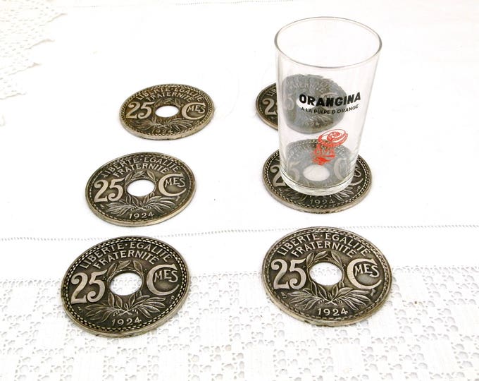 6 Vintage Cast Metal Coasters for Drinking Glasses Shaped as 1924 French Coins with Original Box, Retro Wine Glass Coaster from France