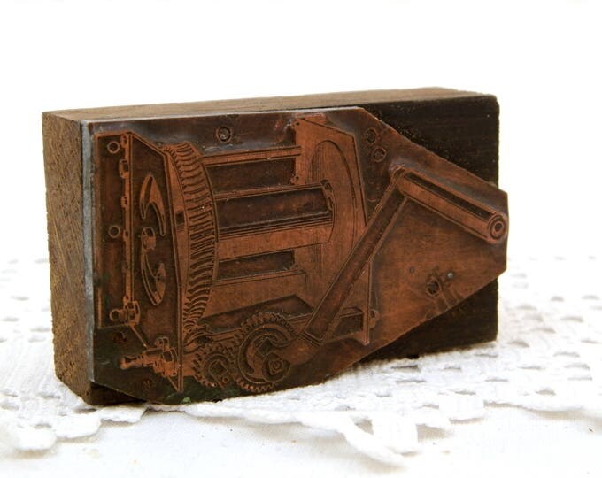 Antique Copper Plate Etching Plate, Metal Printing Block, Industrial Stamp, Mechanical Machinery with Winding Handle and Cogs, Brocante