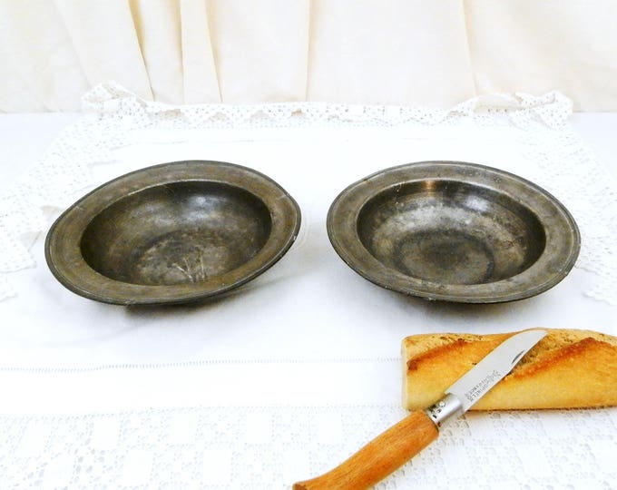 2 Antique French Pewter Dish / Platter / Plate Circa 18th Century, Pair of Metal Soup Bowls from France, Brocante Kitchen Retro Decor, Prop
