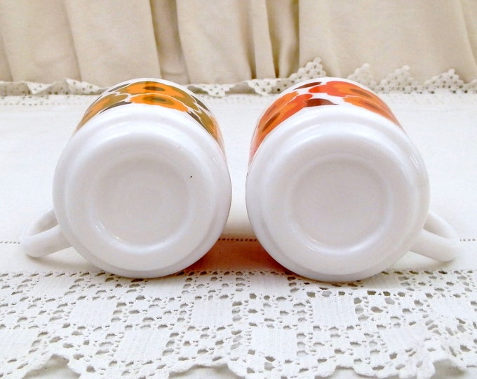 2 Vintage Arcopal Mid Century French White Milk Glass with Orange, Red and Green Retro Flower Pattern Coffee Mugs, Pair 1960s / 1970s Cups