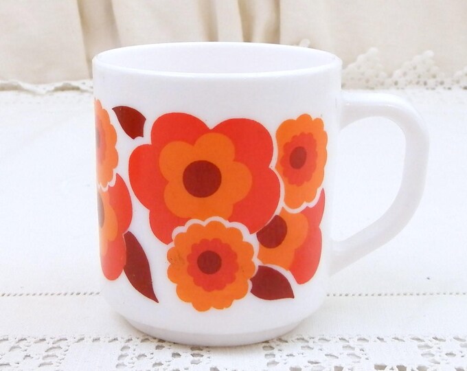 2 Vintage Arcopal Mid Century French White Milk Glass with Orange, Red and Green Retro Flower Pattern Coffee Mugs, Pair 1960s / 1970s Cups