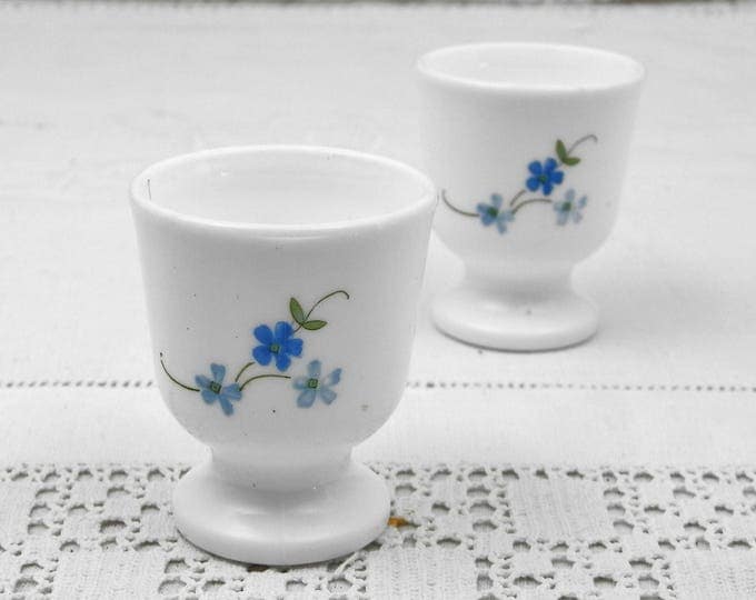 Pair 1970s Vintage French Matching White Milk Glass With Blue Flower Pattern Arcopal Egg Cups, Retro Breakfast Tableware from France