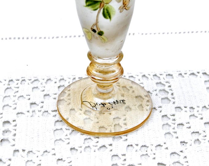 Small Antique Hand Painted Boheme Glass Posy Vase, Tiny French Art Nouveau Flower Bouquet Stem Foot Glass Vase with Painte Floral Pattern