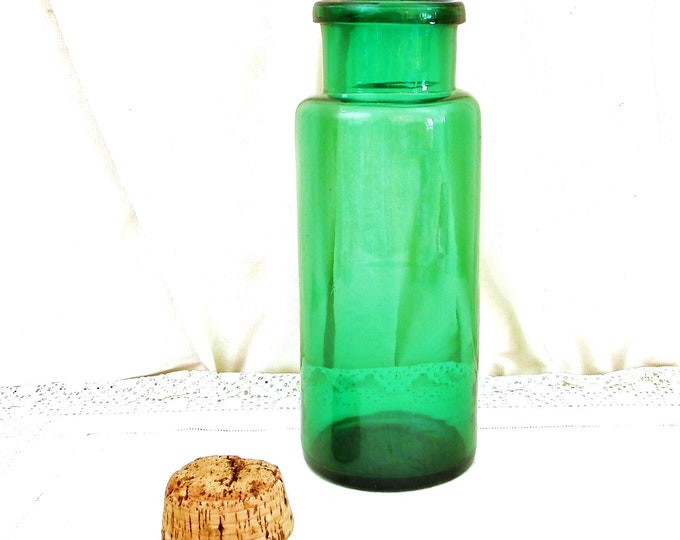 Tall Antique Large Blown Green Glass Apothecary Jar with Cork Stopper, Chemist's Storage Container from France, Retro Shop Display Piece