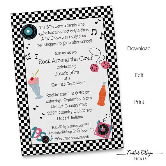 50's Theme Invitation | Adult Birthday | Printable Editable Digital PDF ...