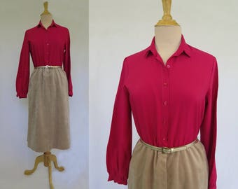 Hot Pink and Beige Velvet Shirt Waist Dress