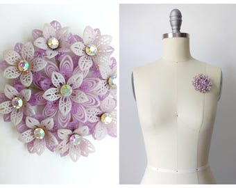 1950s Lavender Statement Brooch w Rhinestones | Vintage 40s Purple Plastic Floral Jewelry Pin | Women's Accessories