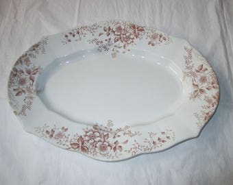 Antique 17" F. Winkle SURREY Platter, Aesthetic Brown Flowers Transferware (c. 1891)