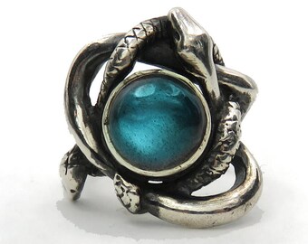 Entwined Serpents Ring - Silver Statement Ring - Two Snakes Ring - Occult Ring - Labradorite Ring - Witch Ring - Serpent Jewelry