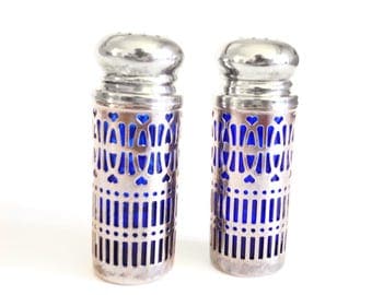 Silver Cobalt Blue Glass Shakers - British 1940's Salt Pepper Shakers - Lattice Sterling Plate - Open Metalwork - Patent No - Wedding Gift