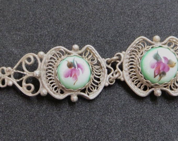 Sterling Cannetille and Porcelain Bracelet, Filigree with Rose Panels, Garden Wedding, Vintage Bracelet