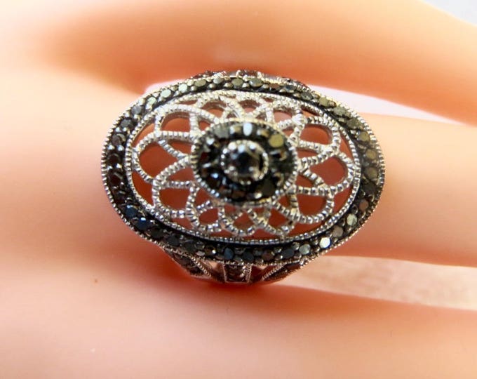 Art Deco Filigree Ring, Sterling Silver, Marcasite Stones, Size 7.5 Signed JS, Vintage Marcasite Jewelry