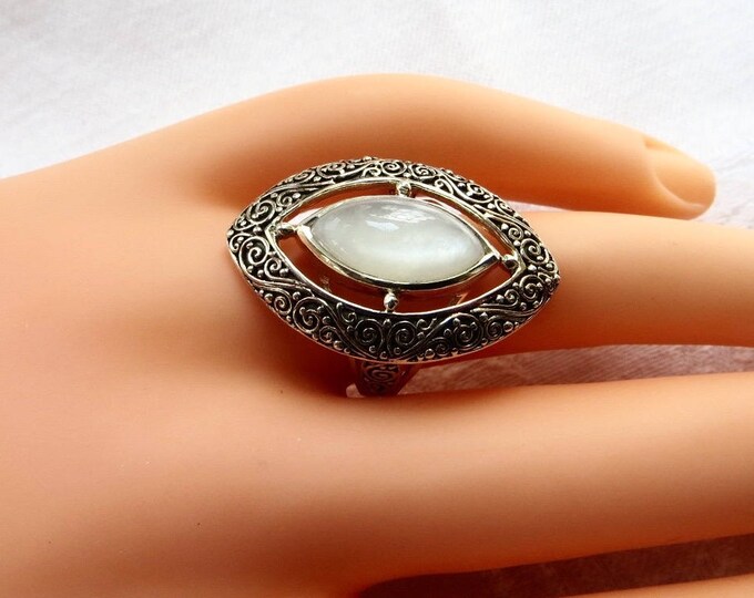 Sajen Moonstone Ring, Sterling Silver, Milky Moonstone Statement Ring, Bali Style Jewelry