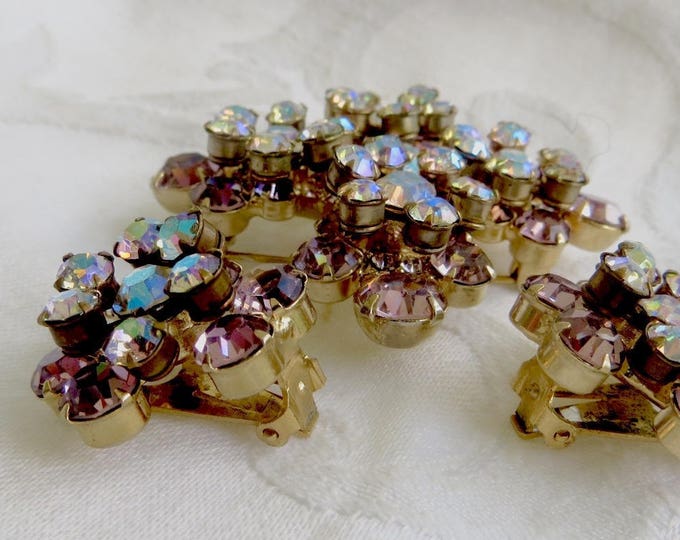 Juliana Rhinestone Cross Brooch Set, Clip Earrings, Aurora Borealis & Lavender Rhinestones, 1960s Jewelry