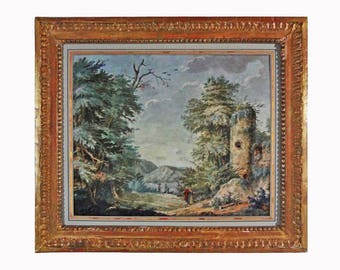 Antique Gouache Castle Ruins Painting in Woody Landscape with Lake and Figures - c. 18th Century, Europe