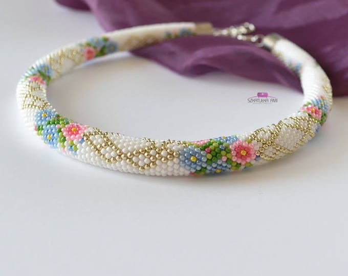 Flower pastel Necklace tube Seed beads necklace Beaded crochet rope Gift for her Wedding necklace White necklace Womens girls knitted tube