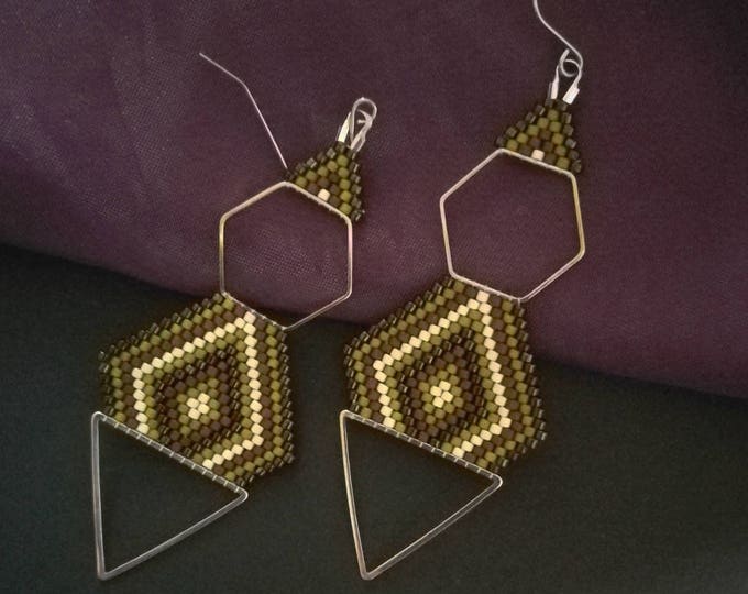 hexagon earrings, geometric earrings, minimalist earrings, earrings triangle, bronze jewelry, statement earrings, dangle earrings, beaded