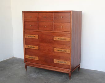 Vintage Cherry + Burl Wood Highboy Dresser Mid Century Modern