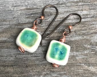 Handmade porcelain earrings - turquoise with copper ear wires